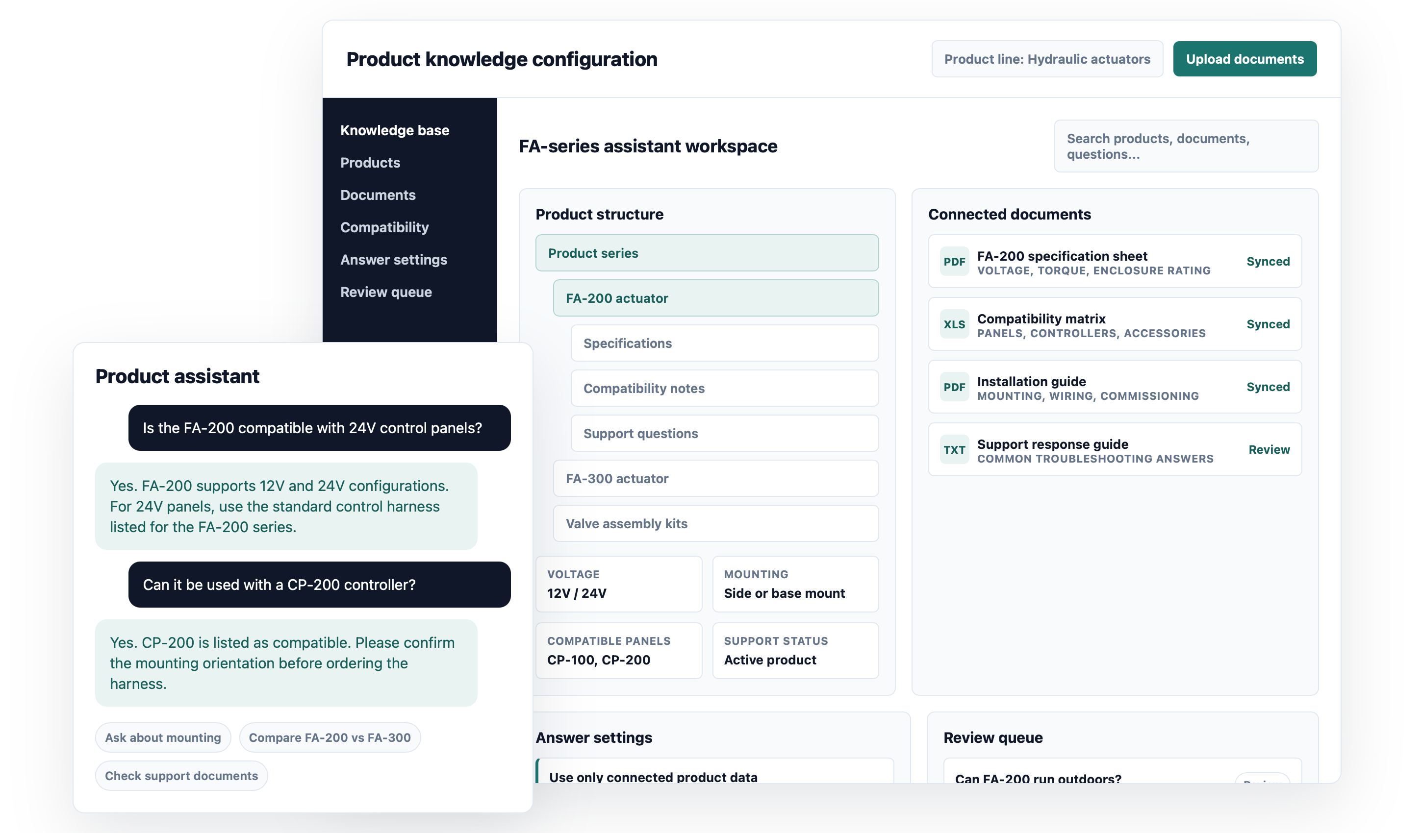 AI customer assistant and product knowledge configuration interface example